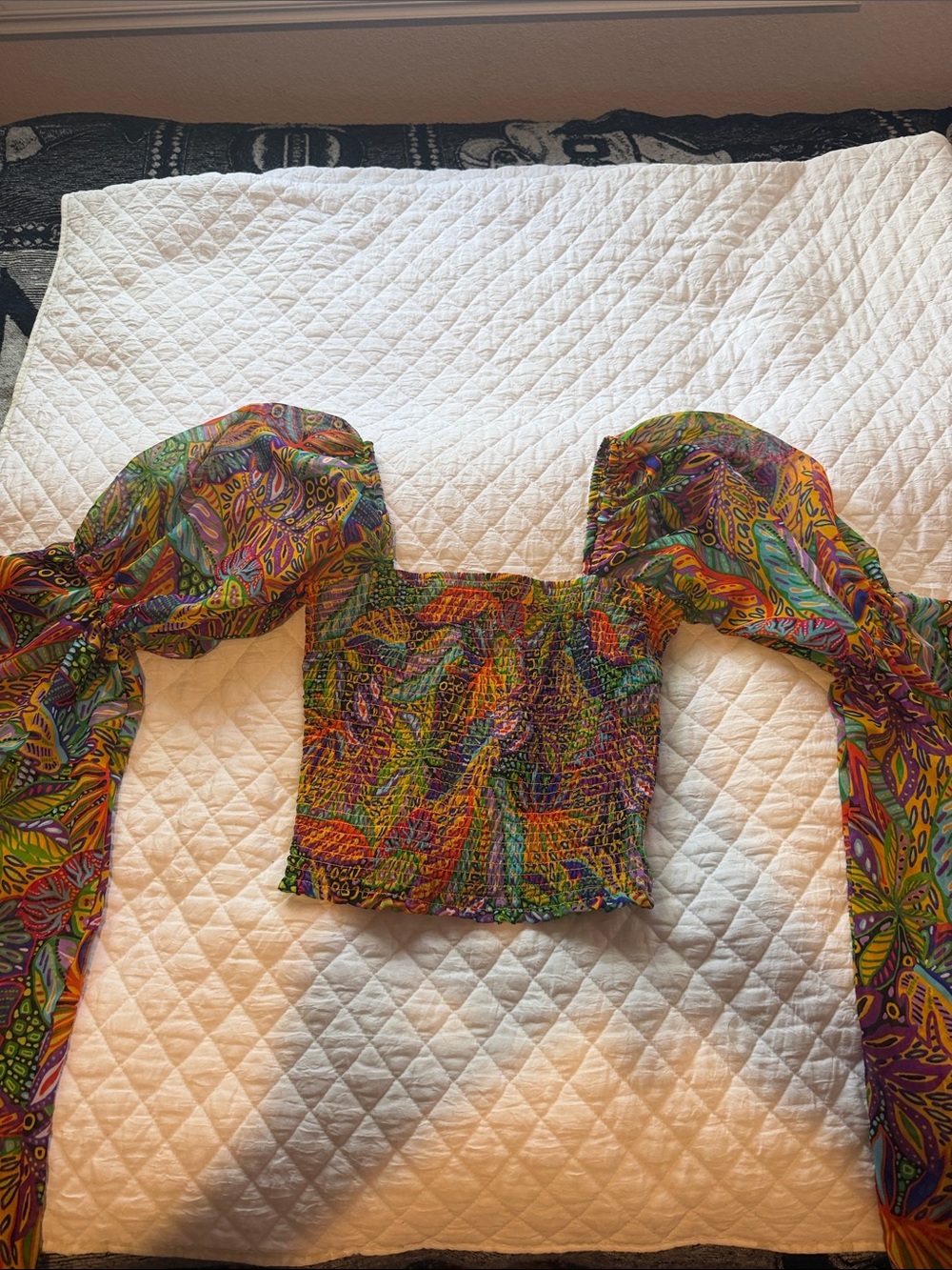 Colorful Smocked Crop Top with Puff Tie Sleeves